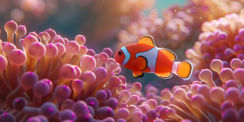 Cute anemone fish playing on the coral reef beautiful color clownfish on coral reefs