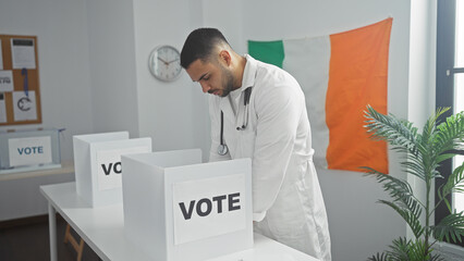 Hispanic man voting in an irish electoral setting with flag, capturing democracy and diversity in...