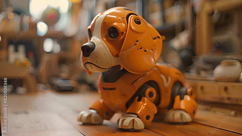 Poster this robotic canine perched on a wooden surface. robot cocker spaniel puppy