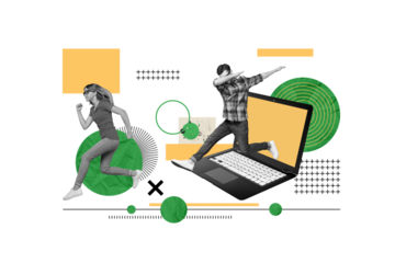 Composite minimal collage of two youngsters coworkers online freelancers advertisement new sale netbook display isolated on drawing background