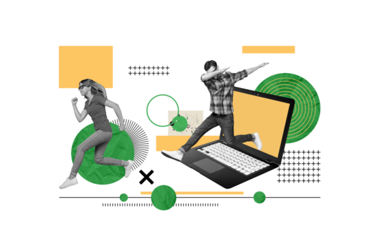 Composite minimal collage of two youngsters coworkers online freelancers advertisement new sale netbook display isolated on drawing background