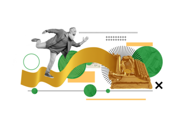 Composite artwork collage image of excited mini grandfather black white gamma running big golden type machine page