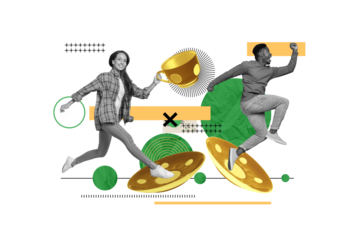 Creative collage image of two black white effect excited mini people hold big tea cup plate set running isolated on painted background