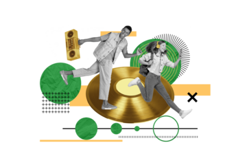 Creative 3d photo artwork graphics collage painting of smiling happy couple enjoying songs devices isolated drawing background