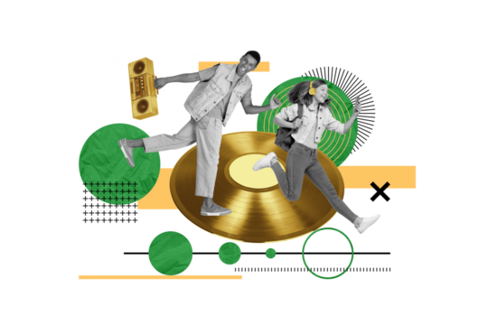 Creative 3d photo artwork graphics collage painting of smiling happy couple enjoying songs devices isolated drawing background