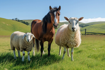 Fototapeta premium Horse and two sheep grazing in a lush green field with rolling hills in the background.