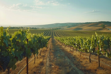 Fototapeta premium Expansive vineyards filled with ripe grapes, showcasing the beauty and abundance of large plantations.
