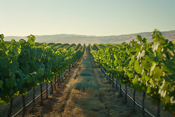 Obraz premium Expansive vineyards filled with ripe grapes, showcasing the beauty and abundance of large plantations.