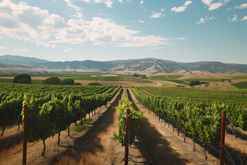 Fototapeta premium Expansive vineyards filled with ripe grapes, showcasing the beauty and abundance of large plantations.