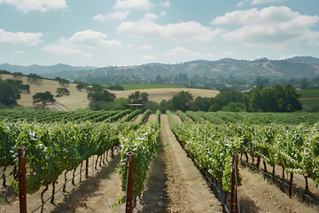 Fototapeta premium Expansive vineyards filled with ripe grapes, showcasing the beauty and abundance of large plantations.