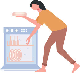 The girl is putting the plates in the dishwasher.