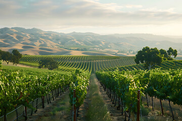 Fototapeta premium Expansive vineyards filled with ripe grapes, showcasing the beauty and abundance of large plantations.
