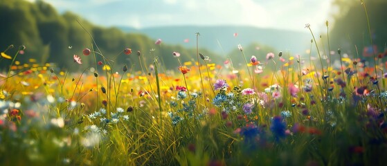 A tranquil meadow filled with blooming wildflowers of every color imaginable, swaying gently in the warm summer breeze. 32k, full ultra HD, high resolution