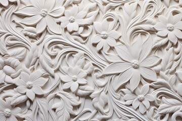 white wallpaper with intricate floral ornamental pattern, in the style of organic stone carvings, sculptural paper constructions, sculptural engraving, colorful woodcarvings, textural minimalism,