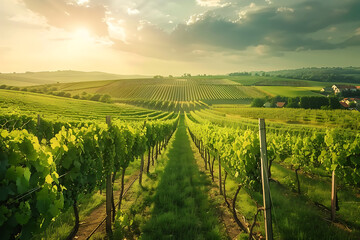 Fototapeta premium Expansive vineyards filled with ripe grapes, showcasing the beauty and abundance of large plantations.