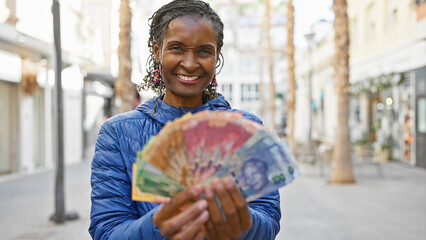 Smiling african woman displaying south african rands on a city street, encapsulating happiness,...