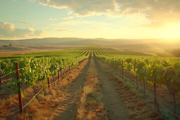 Naklejka premium Expansive vineyards filled with ripe grapes, showcasing the beauty and abundance of large plantations.