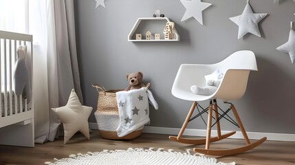 
Stylish scandinavian newborn baby room with toys, children's chair, natural basket with teddy bear and small shelf. Modern interior with grey background walls, wooden parquet and stars