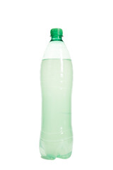 Clear Plastic Water Bottle With Green Cap on White Background, Daytime