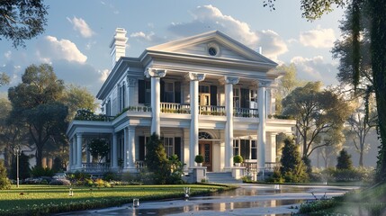 A colonial-style house with a large front porch and white pillars.