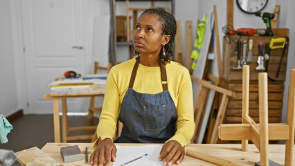 A contemplative african american woman in a workshop surrounded by carpentry tools indoors.