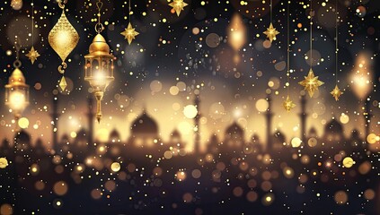Obraz premium Golden Mosque Silhouette with Sparkling Lights