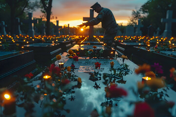 A veteran saluting a tombstone at a Memorial Day service, to highlight the respect and emotion of the moment