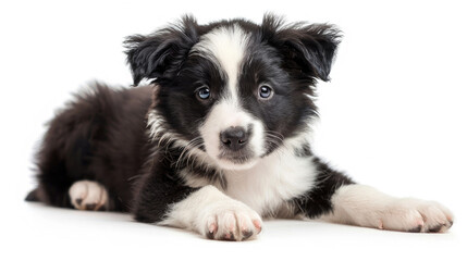 Front view of a cute Border Collie puppy sitting lying down isolated on a white background