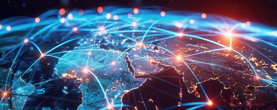 International trade network with global partner links, hightech logistics operations, dynamic world map, vibrant and sleek visual style