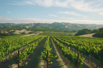 Fototapeta premium Expansive vineyards filled with ripe grapes, showcasing the beauty and abundance of large plantations.
