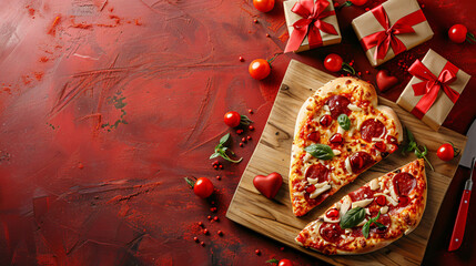 Wooden board with tasty heart-shaped pizza