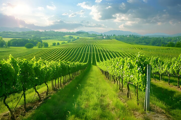 Fototapeta premium Expansive vineyards filled with ripe grapes, showcasing the beauty and abundance of large plantations.