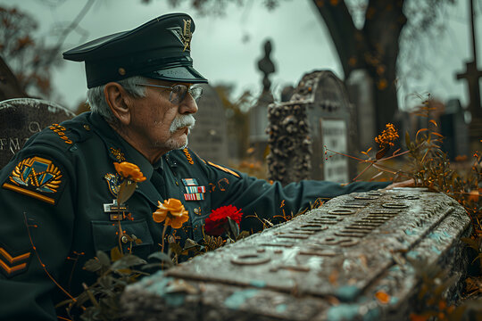A veteran saluting a tombstone at a Memorial Day service, to highlight the respect and emotion of the moment - Powered by Adobe