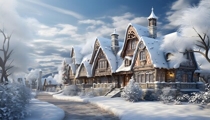 Winter landscape with snow covered wooden houses in the village. Beautiful winter panorama