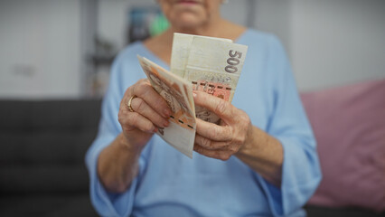 Mature woman counts czech korunas indoors, signifying finance, savings, and budgeting in a home environment.