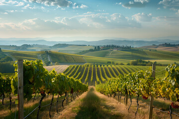 Fototapeta premium Expansive vineyards filled with ripe grapes, showcasing the beauty and abundance of large plantations.