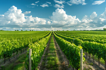 Fototapeta premium Expansive vineyards filled with ripe grapes, showcasing the beauty and abundance of large plantations.