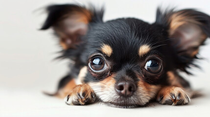 Front view of a cute black Chihuahua puppy dog sitting lying down isolated on a white background created with Generative AI Technology  