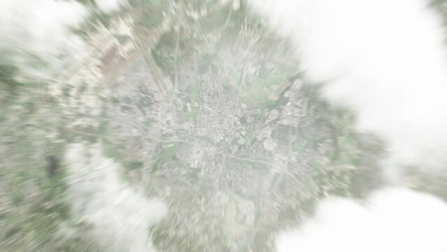 Earth zoom in from space to Vantaa, Finland. Followed by zoom out through clouds and atmosphere into space. Satellite view. Travel intro. Images from NASA