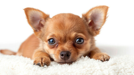 Front view of a cute brown brown Chihuahua puppy dog sitting lying down isolated on a white background created with Generative AI Technology  