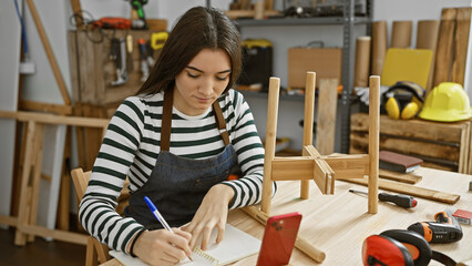 Young hispanic woman takes notes in a carpentry workshop with tools around