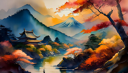 Watercolor painting of Japanese landscape. Beautiful natural scenery with mountain and lake.