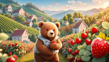 teddy bear in the garden with strawberries