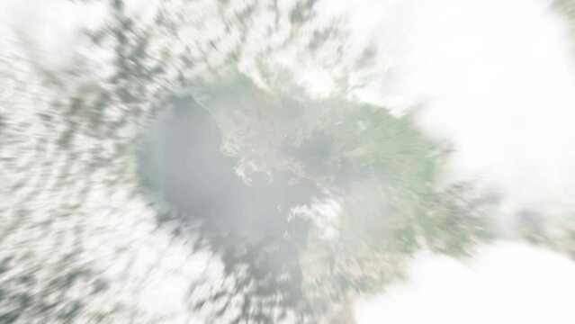 Earth zoom in from space to Hamar, Norway. Followed by zoom out through clouds and atmosphere into space. Satellite view. Travel intro. Images from NASA