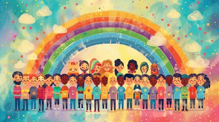 Obraz premium A colorful poster featuring an illustration of a rainbow arching across a sky filled with diverse, smiling faces, set against a pastel background, symbolizing pride and unity