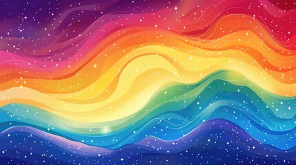 A poster with a bold, illustrated rainbow wave flowing across the bottom half, with the top half featuring a serene sky and subtle stars, creating a peaceful and celebratory pride background