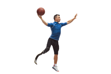 Champion of adaptability. Muscular man with prosthetic leg training basketball game, playing with confidence isolated on transparent background. Concept of inclusive sport, heath care, endurance