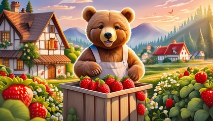 bear in the garden with strawberries 