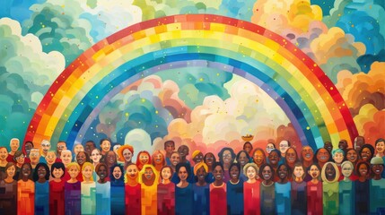 A colorful poster featuring an illustration of a rainbow arching across a sky filled with diverse, smiling faces, set against a pastel background, symbolizing pride and unity