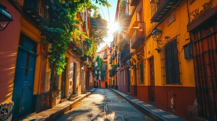 Warm sunlight bathes a picturesque alley lined with brightly colored buildings in a charming old town
